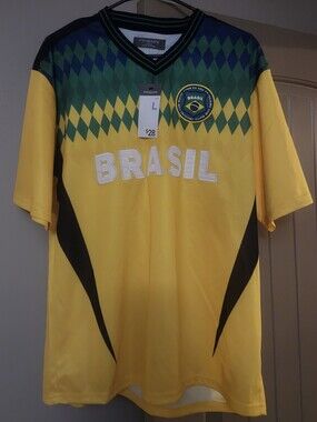 NWT Primark Yellow Brasil Futball Jersey with Green & Blue Yoke
